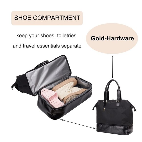 MINKARS Weekender Bag with Shoe Compartment, Personal Item 20 Inch, Black - Picture 3 of 10